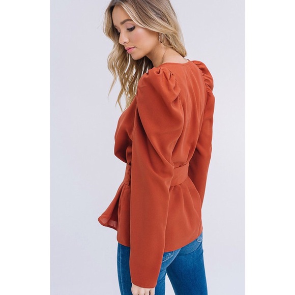 Brick V-Neck Wrap Puff Shoulder Top - Picture 2 of 7